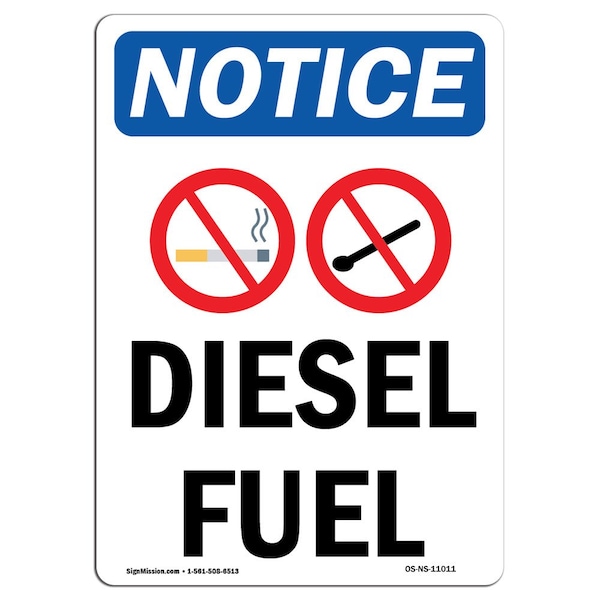 Safety Sign, OSHA Notice, 5" Height, Diesel Fuel Sign With Symbol, Portrait, 10PK